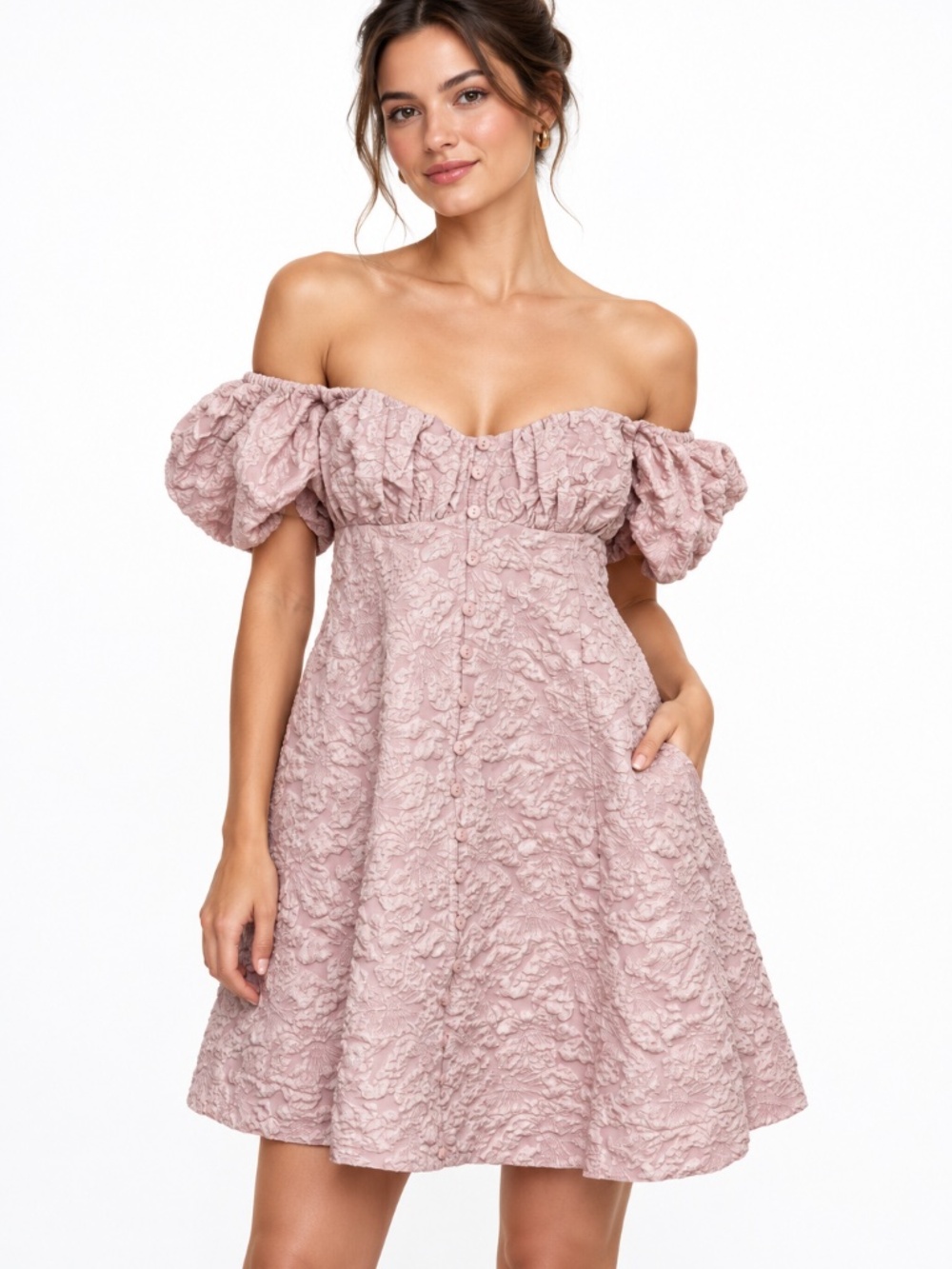 En Saison - Dusty Rose Floral Puff Sleeve Babydoll Mini Dress